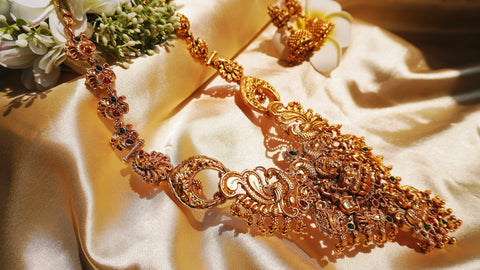 Nitya Kundan South Indian Traditional Jewellery Set | Gold-Plated With Green And pink Stone-Studded With Goddess Lakshmi design | Temple Jewellery Set and earrings For Girls And Womens