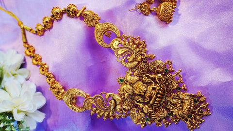 Nitya Kundan South Indian Traditional Jewellery Set | Gold-Plated With Green And pink Stone-Studded With Goddess Lakshmi design | Temple Jewellery Set and earrings For Girls And Womens