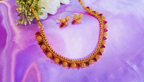 Nitya Kundan Indian Temple Gold Plated Pink Stone Choker Necklace Set With Studded Earring | Jewellery Set For Women
