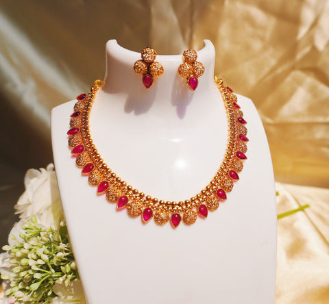 Nitya Kundan Indian Temple Gold Plated Pink Stone Choker Necklace Set With Studded Earring | Jewellery Set For Women