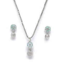 Sparkles4u Rhodium-Plated Silver Toned Green Cubic Zirconia studded Floral Shaped Cute Pendant with Earrings Jewellery Set for Girls and Women (Green)