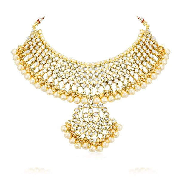 Nitya Kundan Trendy Kundan Gold Plated Pearl Choker Necklace Set with Dangler Earrings & Maangtikka for Women & Girls