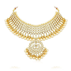 Nitya Kundan Trendy Kundan Gold Plated Pearl Choker Necklace Set with Dangler Earrings & Maangtikka for Women & Girls
