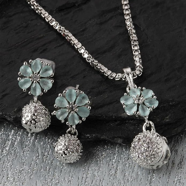 Sparkles4u Rhodium-Plated Silver Toned Green Cubic Zirconia studded Floral Shaped Cute Pendant with Earrings Jewellery Set for Girls and Women (Green)