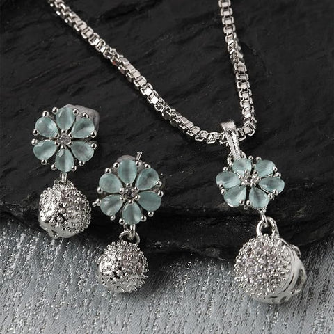Sparkles4u Rhodium-Plated Silver Toned Green Cubic Zirconia studded Floral Shaped Cute Pendant with Earrings Jewellery Set for Girls and Women (Green)