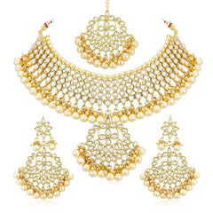 Nitya Kundan Trendy Kundan Gold Plated Pearl Choker Necklace Set with Dangler Earrings & Maangtikka for Women & Girls