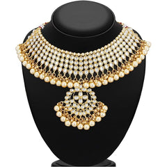 Nitya Kundan Trendy Kundan Gold Plated Pearl Choker Necklace Set with Dangler Earrings & Maangtikka for Women & Girls