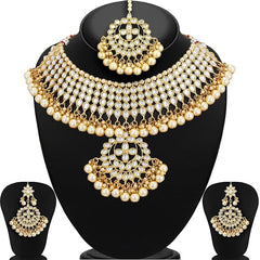 Nitya Kundan Trendy Kundan Gold Plated Pearl Choker Necklace Set with Dangler Earrings & Maangtikka for Women & Girls