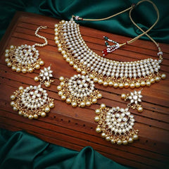 Nitya Kundan Trendy Kundan Gold Plated Pearl Choker Necklace Set with Dangler Earrings & Maangtikka for Women & Girls