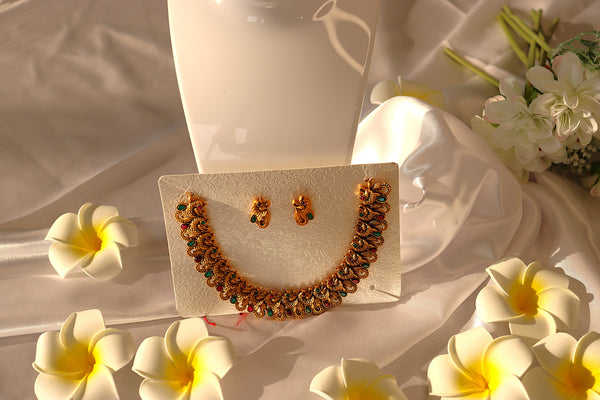 Nitya Kundan Divine Gold-Plated Indian Wedding Set pink and green stone studded Chokar Jewelry Set Traditional Jewelry Set Antique Necklace Set with Earrings  for Women