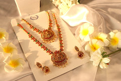 Nitya Kundan Latest Stylish Pink and Green stone studded with Pearl necklace set of two necklace with earrings Traditional Jewellery Set for Women