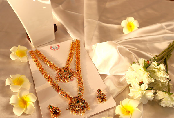 Nitya Kundan White Pearl with pink and green stone studded, goddess Pendant Necklace Jewellery Traditional Jewelry Set Antique Necklace Set with Earrings for Women