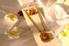 Nitya Kundan Traditional Goddess Kundan Pink and Green stone studded Gold-Plated Bridal Jewelry Set Antique Necklace Set with Earrings For Women
