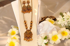 Nitya Kundan Regal Goddess Pendant Gold-Plated Indian Wedding Jewelry Traditional Jewelry Set Antique Necklace Set with Earrings