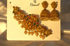 Nitya Kundan Royal Elegance  pink and green stone studded Gold-Plated Chokar Traditional Jewelry Set Antique Necklace Set with Earrings for Women