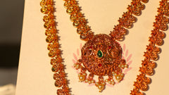 Nitya Kundan White Pearl with pink and green stone studded, goddess Pendant Necklace Jewellery Traditional Jewelry Set Antique Necklace Set with Earrings for Women