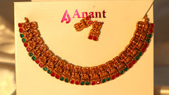 Nitya Kundan Luxury Gold-Plated Indian Bridal Set Green and Pink stone studded Chokar Jewelry Set Antique Necklace Set with Earrings For Women