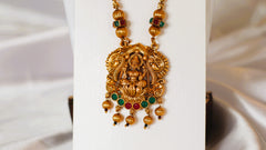 Nitya Kundan Traditional Goddess Kundan Pink and Green stone studded Gold-Plated Bridal Jewelry Set Antique Necklace Set with Earrings For Women