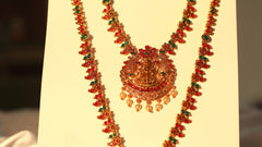 Nitya Kundan Latest Stylish Pink and Green stone studded with Pearl necklace set of two necklace with earrings Traditional Jewellery Set for Women