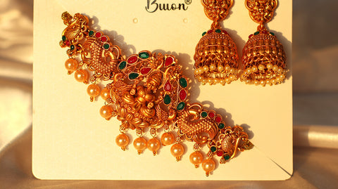Nitya Kundan Royal Elegance  pink and green stone studded Gold-Plated Chokar Traditional Jewelry Set Antique Necklace Set with Earrings for Women