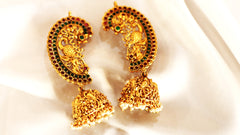 Nitya Kundan Gold-plated pearl & stone-studded peacock Traditional Ear Cuff/Kanphool Jhumki Earrings for Women | Antique Temple Jewelry with beautiful stones Stones | Festive & Bridal Earrings