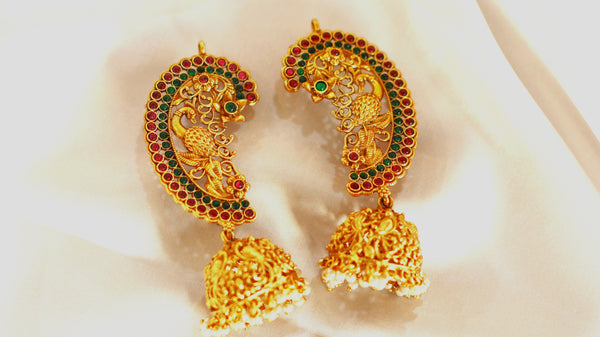 Nitya Kundan Gold-plated pearl & stone-studded peacock Traditional Ear Cuff/Kanphool Jhumki Earrings for Women | Antique Temple Jewelry with beautiful stones Stones | Festive & Bridal Earrings
