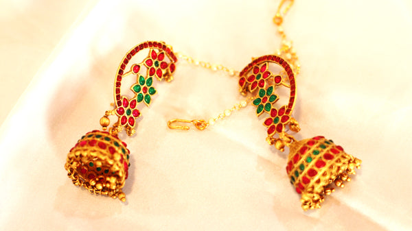 Nitya Kundan Floral Golden Pink Jhumkas Pearl Studded Drop Earrings For Women , Kanphool Earrings, Gold-plated artificial stones and beards classic drop earrings