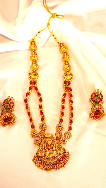 Nitya Kundan Pink stone with goddess laxmi mata design Stylish Long Design Necklace with earrings Wedding Traditional Jewellery Set For Women