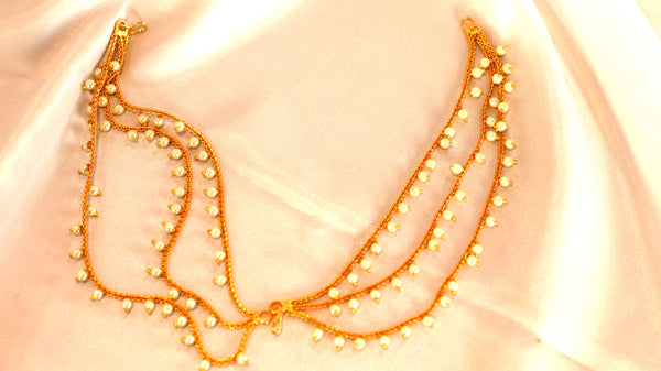 Nitya Kundan 3-Layered Long Pearl Ear Chain/Kanchain, Hair Chain Accessories for Earring, Heavy Jhumka, Jhumki for Women