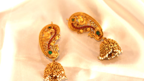 Nitya Kundan Traditional peacock Gold-Plated Designer Ear Cuff/Kanphool Jhumki Earrings for Women | Antique Temple Jewelry with pink stones & Emerald Stones | Festive & Bridal Earrings