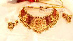 Nitya Kundan Laxmi mata design Temple Jewellery Set for women Traditional red and Green Temple Choker Necklace Set/Jewellery Set with Earrings for Women