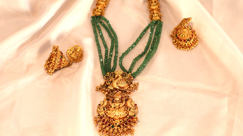 Nitya Kundan Glittering Temple Jewellery Green beads AstaLakshmi Stone Pendant with Earrings Jewellery set for Women