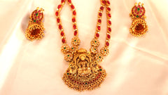 Nitya Kundan Pink stone with goddess laxmi mata design Stylish Long Design Necklace with earrings Wedding Traditional Jewellery Set For Women