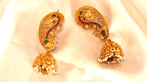 Nitya Kundan Traditional peacock Gold-Plated Designer Ear Cuff/Kanphool Jhumki Earrings for Women | Antique Temple Jewelry with pink stones & Emerald Stones | Festive & Bridal Earrings