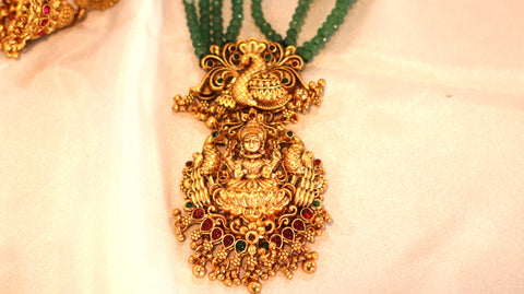 Nitya Kundan Glittering Temple Jewellery Green beads AstaLakshmi Stone Pendant with Earrings Jewellery set for Women